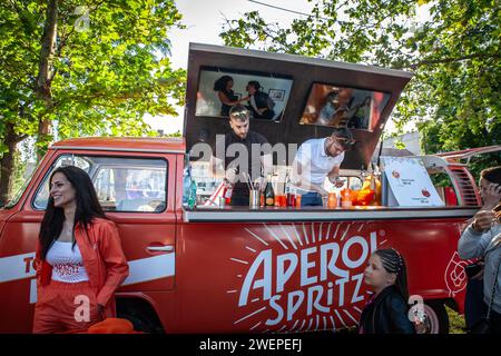 Picture of a truck preparing cocktails with the logo of Aperol Spritz in belgrade, Serbia. A spritz is an Italian wine-based cocktail, commonly served Stock Photo
