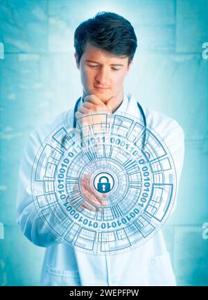 Young pensive medical doctor touching a virtual padlock in a virtual security mechanism. Information technology concept for cybersecurity, network sec Stock Photo