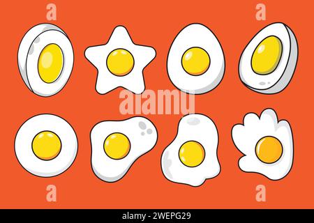 Fried eggs set on orange background. Vector illustration in flat style. Stock Vector