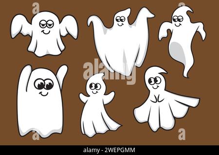 Set of cute ghosts for Halloween. Vector illustration isolated on brown background. Stock Vector