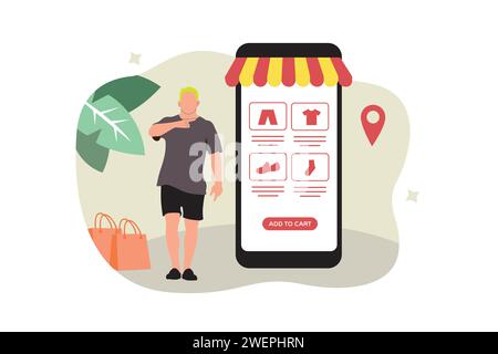 Shopping online concept with man and smartphone. Vector illustration in flat style Stock Vector