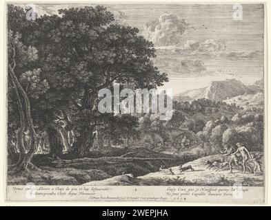 Venus and Adonis on Jacht, Herman of Swanevelt, 1654 print In a hilly ...