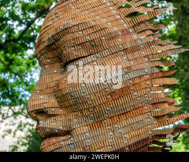 A wooden sculpture with textured facial features made from recycled wood chips Stock Photo