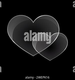 Couple of glass Hearts shapes vector illustration. Love symbol transparent and glossy. Matte glass effect on dark background. Graphic element for Stock Vector