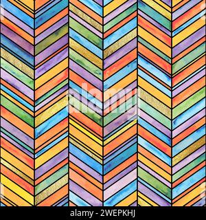 Abstract watercolor holiday chevron background. Hand drawn multicolor brushstrokes and black lines seamless pattern. Watercolour geometric texture. Pr Stock Photo