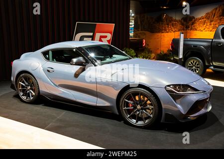 Toyota GR Supra 2.0 sports car at the Brussels Autosalon European Motor Show. Brussels, Belgium - January 13, 2023. Stock Photo