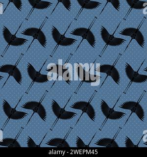 Herons in Art Deco style. Seamless Pattern for interior decoration, textiles. Fashionable home decor. Vector illustration dots texture on blue Stock Vector