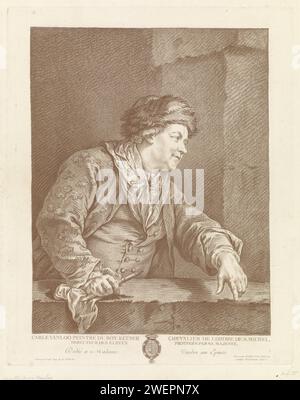 Portrait of Carle van Loo, Gilles Demarteau, After Carle van Loo, 1732 - 1776 print Portrait of artist Carle van Loo, half -lee -standing behind a balustrade, fur hat on his head and drawing pen in hand.  paper etching portrait, self-portrait of painter. historical persons Stock Photo