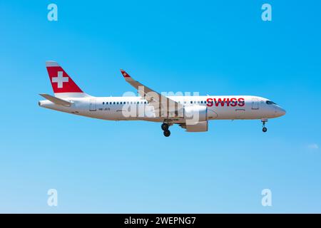 Boryspil, Ukraine - August 27, 2019: Airplane Airbus A220 (HB-JCO) of Swiss Airlines is landing at Boryspil International Airport Stock Photo