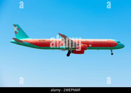 Boryspil, Ukraine - August 27, 2019: Airplane Airbus A321 (UR-WRI) of Windrose Airlines is landing at Boryspil International Airport Stock Photo