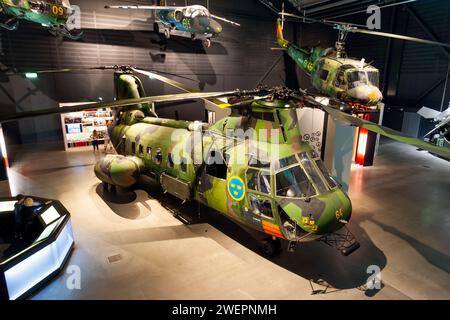 Boeing Vertol CH-46 Sea Knight (Hkb4b) helicopter from the Swedish Air Force in the Flygvapenmuseum (Swedish Air Force Museum) at Malmen Air Base. Mal Stock Photo