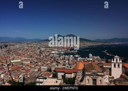the magnificent panorama of the Gulf of Naples with Vesuvius in the center photographed from the panoramic terrace of Castel Sant'Elmo Stock Photo