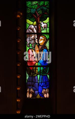 The three shepherd children – Lúcia, Jacinta and Francisco. A part of a larger stained-glass window in Igreja de Nossa Senhora de Fátima, Lisbon. Stock Photo