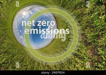 net zero emissions text concept image against blue little planet in green grass background Stock Photo
