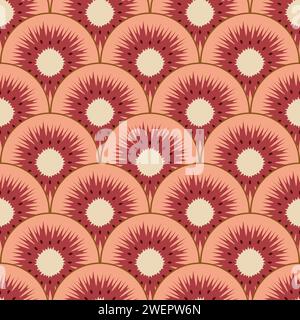 Seamless pattern with cut red kiwi fruit. Vector colorful background. Stock Vector