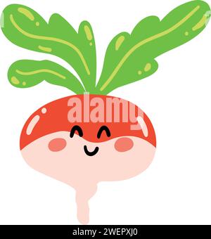 Cute hand drawn radish smiling. Kawaii funny vegetable character for kids. Stock Vector