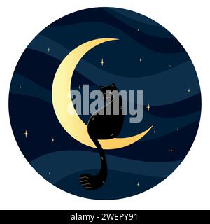 Cute black cat sitting on a crescent on night sky background. Vector illustration Stock Vector