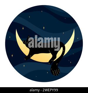Cute black cat sleeping on a crescent on night sky background. Vector illustration Stock Vector