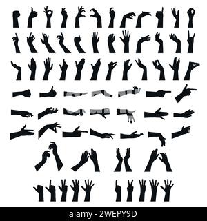 Hand gestures silhouettes collection. Big set of different hand gestures. Vector illustration Stock Vector