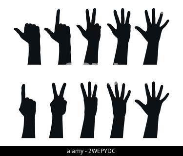 Set of Hand drawn hands counting numbers. Variations of counting fingers silhouettes. Vector illustration Stock Vector