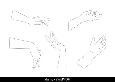 Set of hand drawn human hands with different gestures. Hand outline with an empty contour. Vector illustration Stock Vector