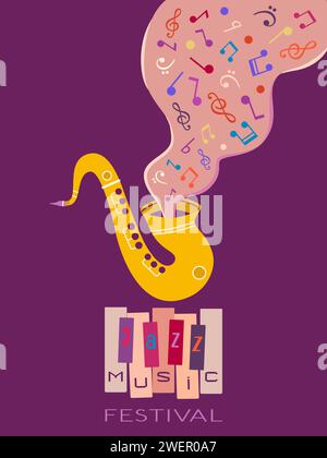 Saxophone Piano Jazz Music Festival fancy hand drawn vector poster. Sax, Musical notes, Piano keyboard cartoon design element illustration. Jazz Music Stock Vector