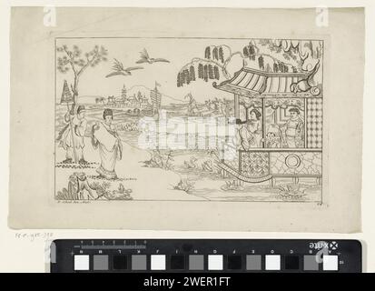 Chinese lady with document in landscape, 1727 - 1775 print A Chinese lady is on the left with a document in his hands in a landscape. Behind her a servant with parasol. On the right four figures in a building on poles in the water. In the background ships.  paper etching Chinese. water course Stock Photo