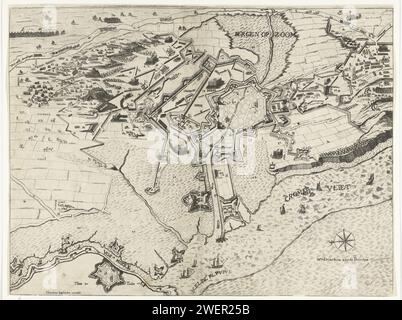 Siege of Bergen op Zoom by Spinola, 1622, Anonymous, 1622 print Map of the failed siege of Bergen op Zoom by the Spanish army under Spinola and Velasco, July 18 - October 3, 1622. Plan of the city and surroundings with waterways and surrounding by the Spanish troops. Two text magazines belong to the print.  paper etching / engraving Victory, position was Bergen op Zoom Stock Photo