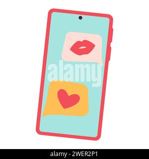 Valentine romantic phone with love message. Smartphone with heart emoji SMS. Valentines day hand drawn element in cute cartoon doodle style. Happy Valentine Trendy flat vector illustration Stock Vector