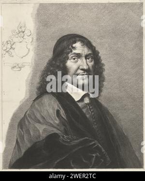 Portrait of Franciscus de Le Boë Sylvius, Cornelis van Dalen (II), 1659 print Portrait of physician Franciscus de le Boë Sylvius, breastpiece with sketch of his weapon on a still white strip without arcs.  paper engraving Stock Photo