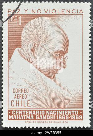 Cancelled postage stamp printed by Chile, that shows Mahatma Gandhi (1869-1948), 100th birthday of Mahatma Gandhi, circa 1970. Stock Photo