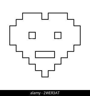 Heart emoticon or emoji in pixel style with eyes and mouth, neutral or frustrated face emotion, doodle style flat vector outline illustration for kids coloring book Stock Vector