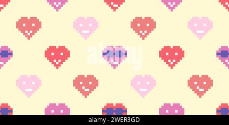 Seamless pattern with different colorful hearts emoticon or emoji in pixel art style, on yellow, vector illustration Stock Vector