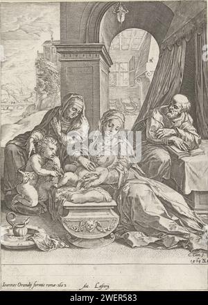 Holy family with Anna and Johannes de Boper, Cornelis Cort, After Taddeo Zuccaro, 1602 print For an arcade, Maria, Anna and John the Baptist are sitting with the Lamb. Maria holds the child on a cradle. Joseph on the right with an open book on the table, glasses in his hand. Back left view of a hilly landscape.  paper engraving Holy Family with others, e.g.: Anna Stock Photo