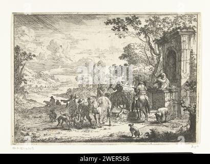 Resting hunters at a Neptunus fountain, Pieter Bout, c. 1664 - c. 1719 print A group of hunters rest with their horses and dogs at a fountain. The horses drink water from the fountain. On the fountain is a picture of the God Neptunus with trident. On the right before the fountain strictly a hunter are laces.  paper etching / engraving (story of) Neptune (Poseidon). attributes of Neptune: trident. putting on (tying) or taking off (untying) sandals or shoes. man and animal (+ watering animal). return from the hunt Stock Photo