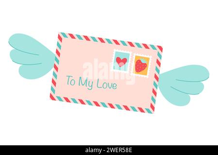 Postal envelope, letter love message with post stamps and wings, isolated on white background. Happy Valentines Day. To my love. Vector illustration Stock Vector