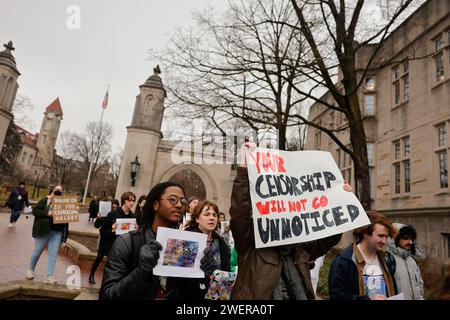 Bloomington, USA. 26th Jan, 2024. BLOOMINGTON, INDIANA - JANUARY 26: Protesters march against the cancellation of an upcoming exhibit at Indiana University for Palestinian artist Samia Halaby on January 26, 2024 in Bloomington, Indiana. Halaby, 87, has been outspoken in her support of Palestinians. ( Credit: Jeremy Hogan/Alamy Live News Stock Photo