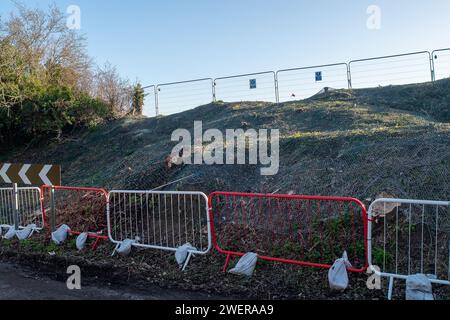 Wendover, UK. 26th January, 2024. Badger setts wired over by HS2 in Ellesborough Road in Wendover, Buckinghamshire as part of their works for HS2 High Speed Rail construction from London to Birmingham. Next week HS2 are closing Ellesborough Road for two weeks whilst they link a new temporary realigned road behind the existing houses. Credit: Maureen McLean/17�Թ����� Live News Stock Photo