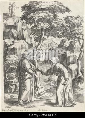 Requirement of Christ, Cornelis Cort, After Federico Zuccaro, 1602 print Christ on the left in the foreground, standing in front of a rock at a tree. In front of him, the devil is in the shape of an old man in monks, with cones on the head. He offers Christ a stone (which he has to turn into a bread). At the top left of the rock the devil that Christ promises the kingdoms of the world when he starts worshiping him. Madling landscape with a view of a city in the background.  paper engraving 'command these stones to become loaves of bread'  temptation of Christ in the wilderness. 'all these wil Stock Photo