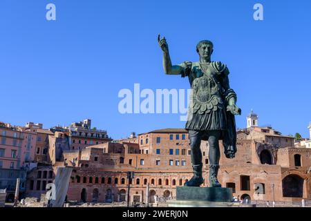 Rome, IT - 28 July 2023:  Bronze statue of Emperor Nerva on Via dei Fori Imperiali Stock Photo