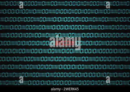 Red word "Bitcoin" hidden in the middle of a binary code sequence. Stock Photo