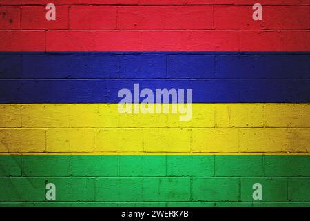 Flag of Mauritius painted on a cinder block wall. Stock Photo