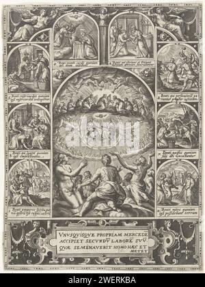 Blessed talks, 1554 - 1580 print Centrally, the heavenly rulers worship the clouds and the people on earth the trinity. Around this performance eight small scenes in which the eight delights are depicted. In the middle of cartouche a Latin text. The print is part of a series about the few central statements of the faith.  paper engraving Holy Trinity in which one, two or all figures are represented in human shape. praise of the judgement of God in heaven. beatitudes and blessings of Christ Stock Photo