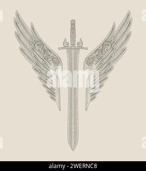 antique sword with wings. vintage engraving drawing style illustration Stock Vector
