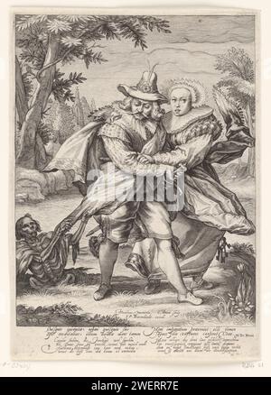 Walking pair and Death, Nicolaas Braeu, After Jacob Matham, After 1616 - After 1645 print A beautifully dressed young couple walks in a landscape and is attacked by death, which, in the form of a skeleton, pulls the man on his coat. The love of both is so strong that only death can break it. With a Latin caption by D. de Breen, and a Dutch verse of 2 x 4 lines.  paper engraving laundering. (personifications of) 'Vanitas', the vanity of human life; FragilitÃ humana, FugacitÃ delle grandezze & della gloria mondana, Meditatione della morte, Opera vana, Piacere vano, Vana gloria, VanitÃ (Ripa). De Stock Photo