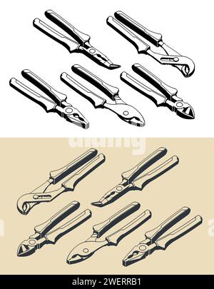 Stylized vector illustrations of a set of different types of pliers Stock Vector