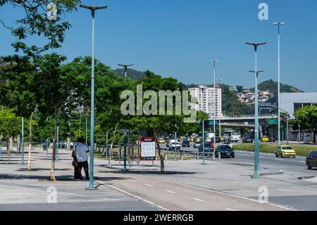 A bike lane running on the wide sidewalk at the north side of Maracana stadium in Maracana district, close to Rei Pele avenue under summer blue sky. Stock Photo