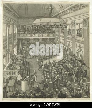 First National Meeting in The Hague, 1796, George Kockers, 1797 print Session of the first national meeting in The Hague, from 1 March 1796 to 31 August 1797. View in the meeting room (former dance hall of the Stadhouderlijke Palace) with the members, all with ribbon of the representative. On the left the chairman Pieter Paulus, on the left a speak to the pulpit. In the background the full public gallery.  paper  Lower House, Parliament, Chamber. revolutionary government Courtyard Stock Photo