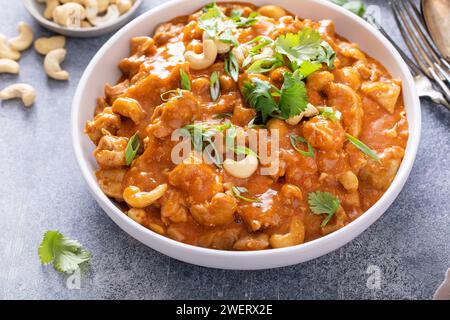 Chicken curry or butter chicken with cashew nuts and cilantro in a serving bowl Stock Photo