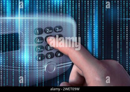 Man pressing buttons on keypad to open steel safe, closeup. Binary code symbolizing digital lock system Stock Photo